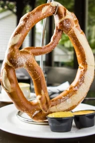 The giant hot pretzel with cheese dip is on the late night menu at Finley’s of Green Street.