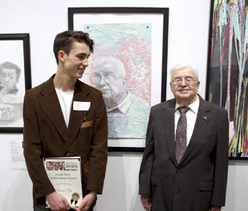Retired docent Tom Campbell was the inspiration for a student artist Grant Fryc’s mixed-media work, “Erudite,” in Long Island’s Best: Young Artists at The Heckscher Museum.