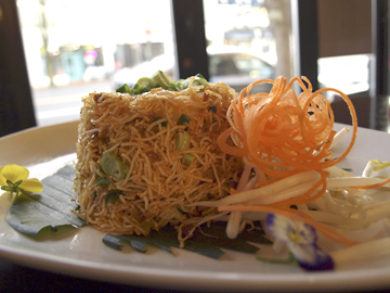  Crispy noodle in Mee-Krob ($12) brings crunch to a dish of shrimp, tofu, crispy shallots, and bean sprouts with sweet and sour sauce. 