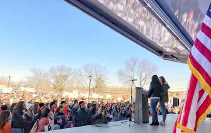 Co-founders of March For Our Lives Long Island Avalon Fenster and Sara Frawley speak to students following a school walk-out organized after the Marjory Stoneman Douglas High School shooting in Parkland, Florida, last year. Photos/March For Our Lives Long Island
