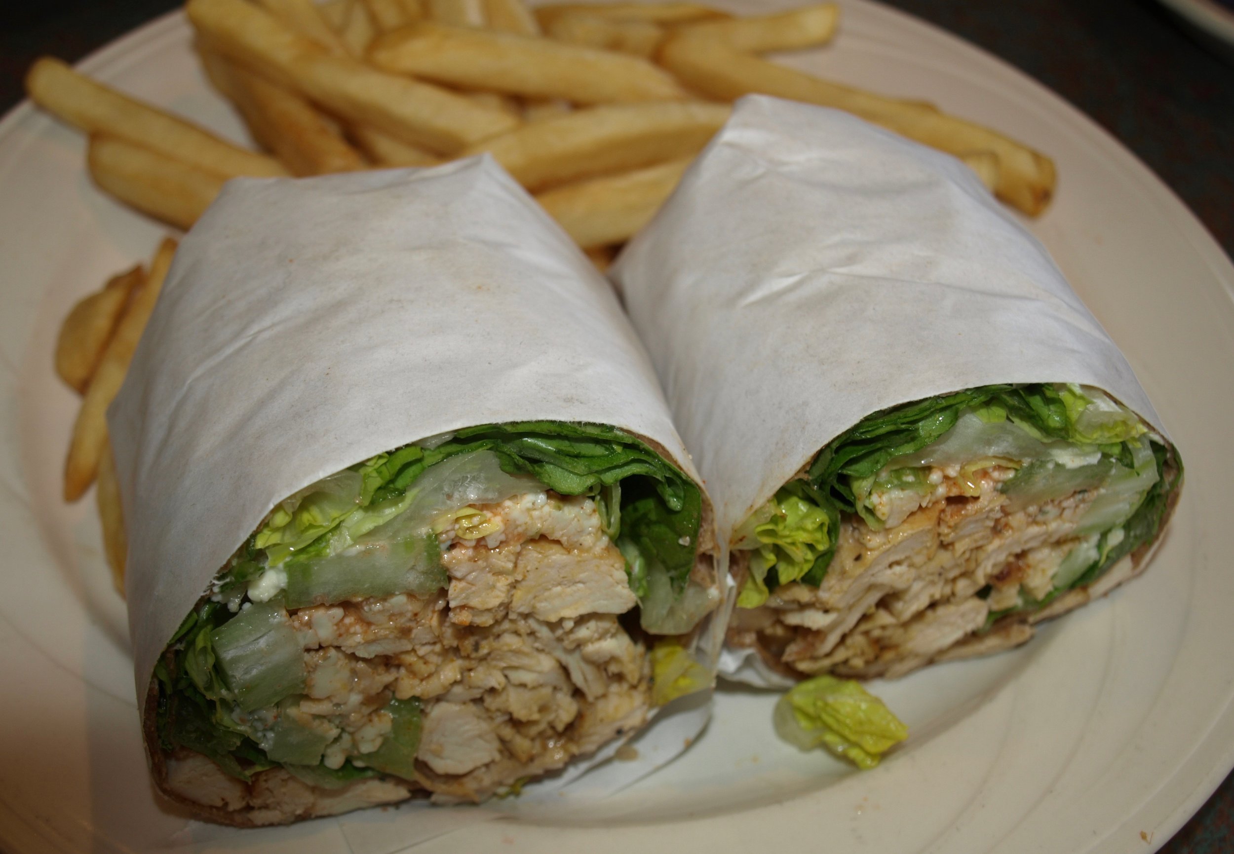  Buffalo Chicken Wrap marries spicy chicken and bleu cheese dressing. 