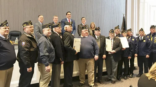 Members of American Legion Greenlawn Post 1244, Huntington Post 360 and Northport Post 694 receive proclamations at Tuesday’s town board meeting in recognition of the national organization’s 100th anniversary. Photo/Town of Huntington