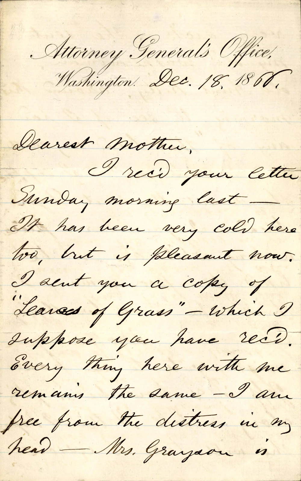 A letter Whitman wrote to his mother in 1866 during the time he was employed by the Attorney General’s office. NYPL Astor, Lenox and Tilden Foundations