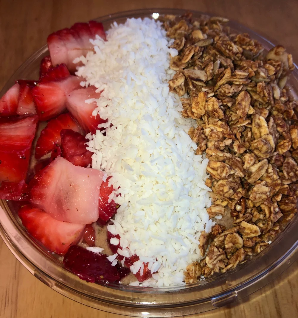   The coconutty, a smoothie bowl with peanut butter, cacao, coconut, chocolate protein, banana and hemp seeds.  