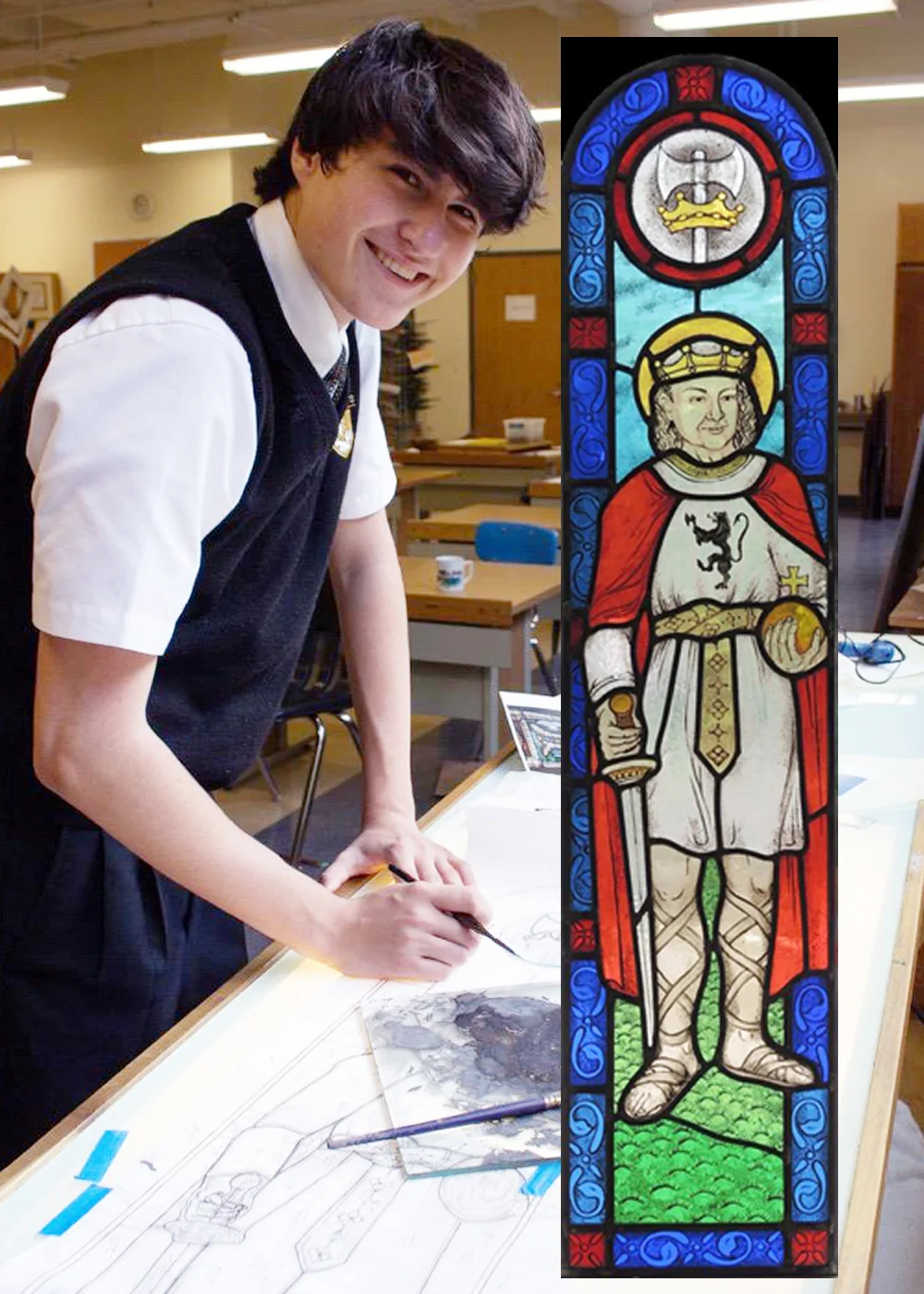 St. Anthony’s High School freshman art student Matthew Meberg helped make a stained glass window that will be installed in the school’s chapel.