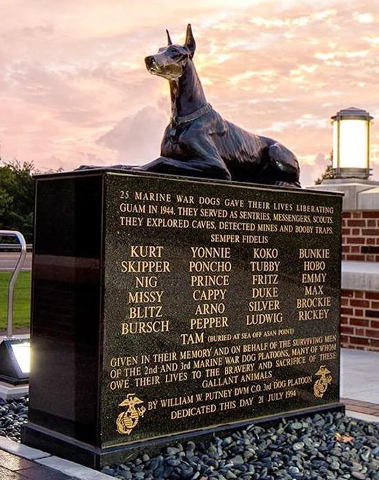 Another Bahary sculpture, “Always Faithful” sits atop a USMC monument to service dogs killed in action.