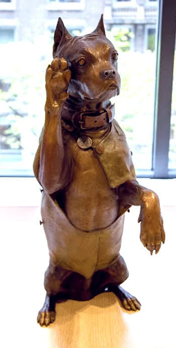 Bahary’s scupture “Stubby Salutes” captures the moment when Sgt. Stubby charmed his way on board an Army transport ship by saluting.