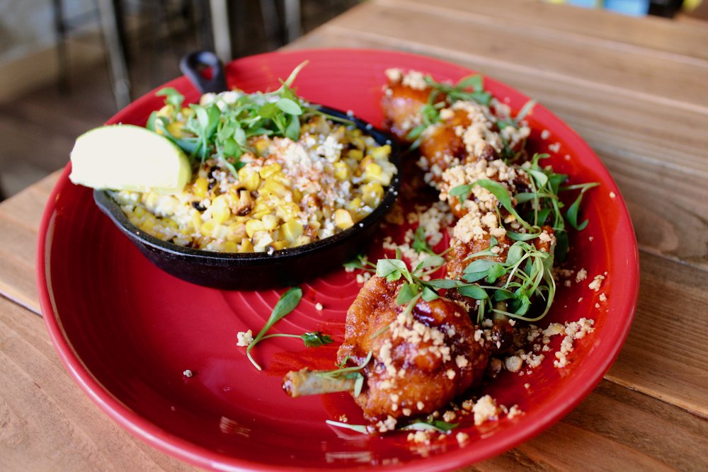  Chicken Lollipops with a habanero honey glaze and off-the-cob Mexican Street Corn. 