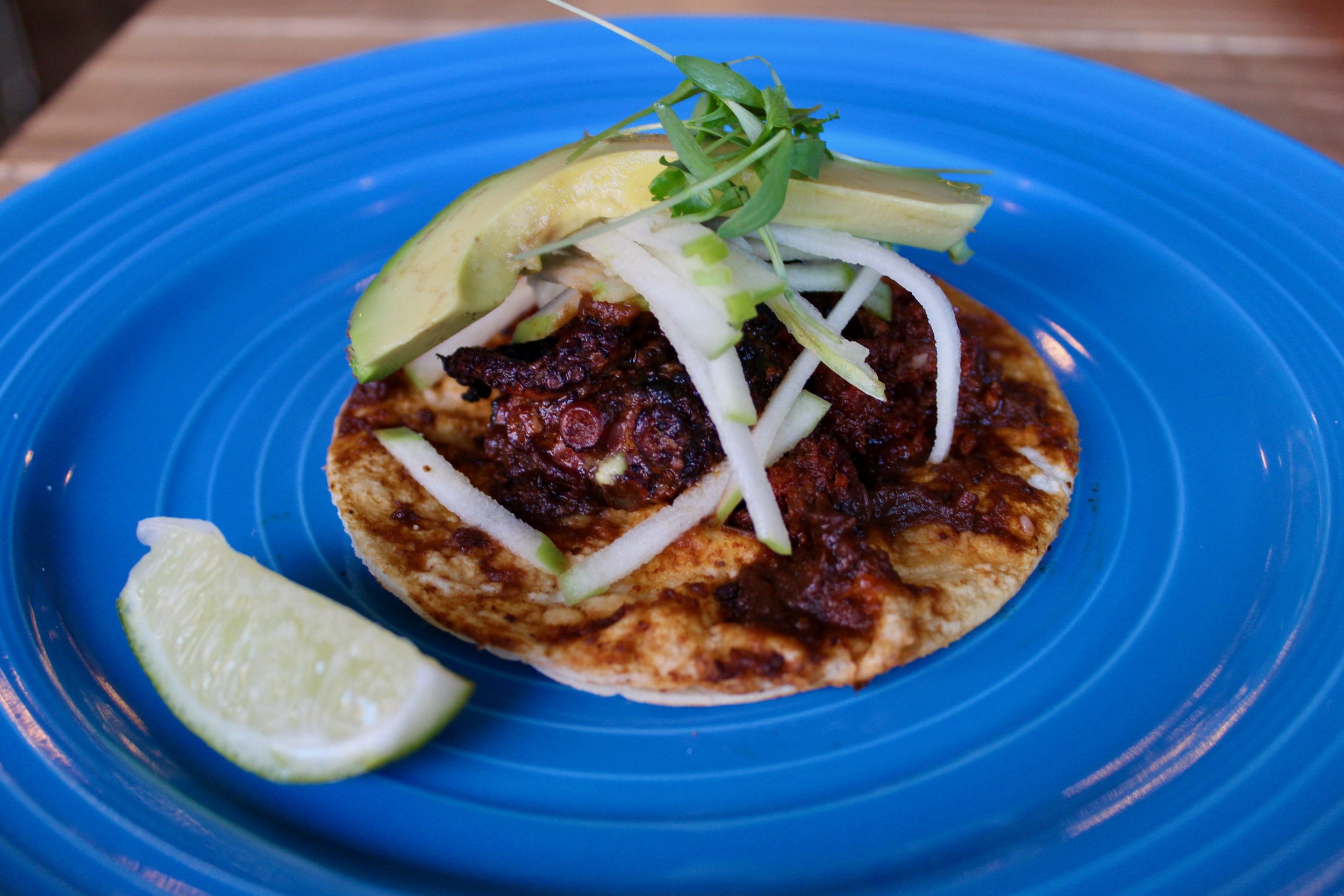 Octopus with mole sauce, apple slaw, sliced avocado and chorizo dust.