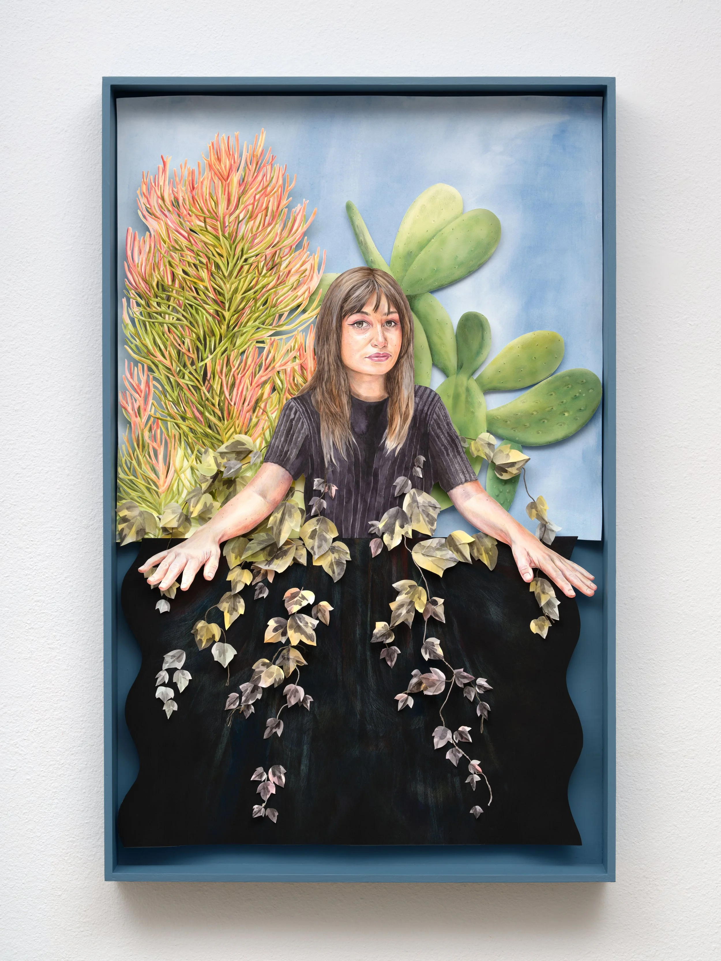   Kennedy , 2021 Watercolor, pencil, wire and thread on paper 47.5 x 30.25 x 3.75” 