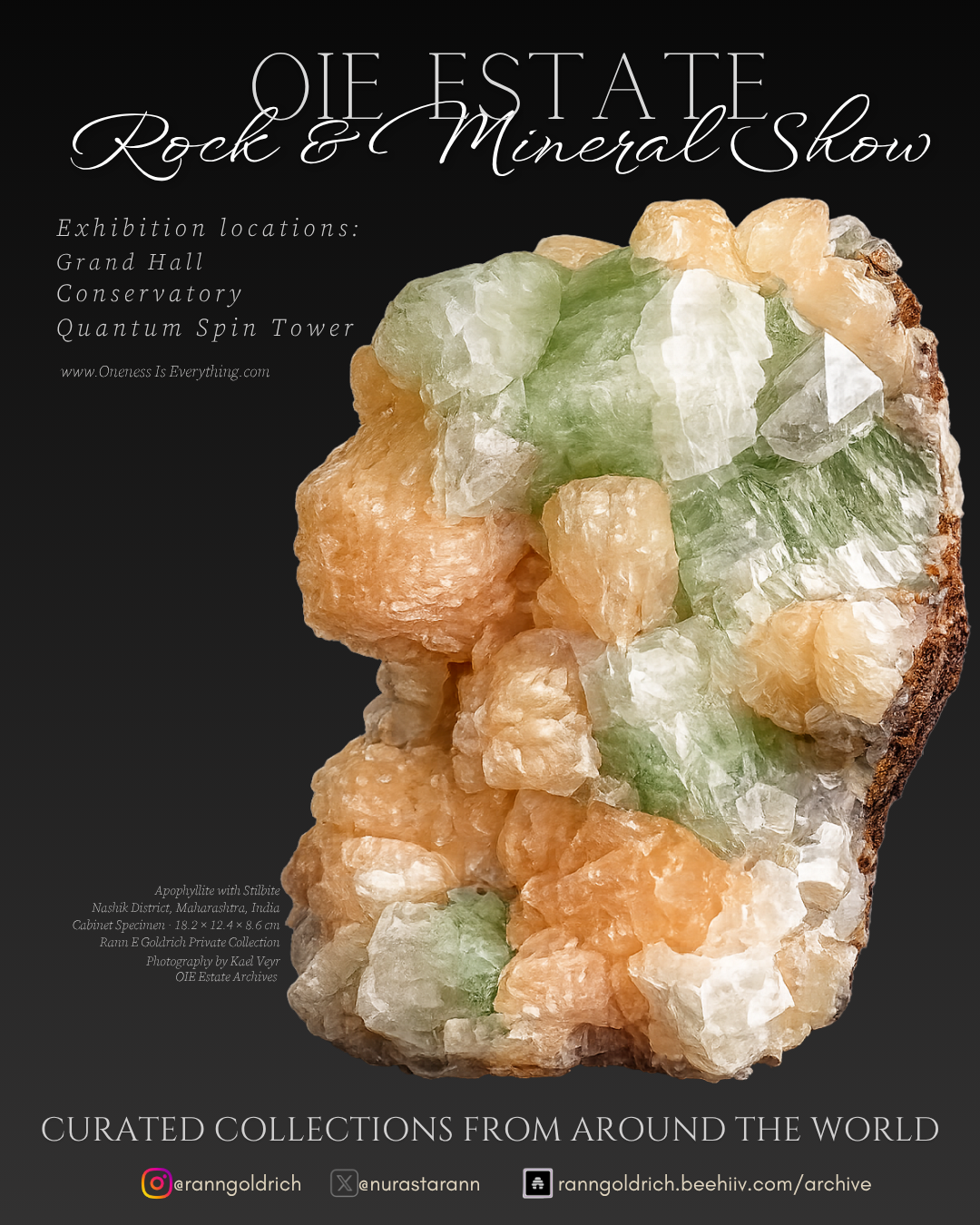 OIE Estate Rock and Mineral Show Ad with magnified photography of apohyllite in stilbite.