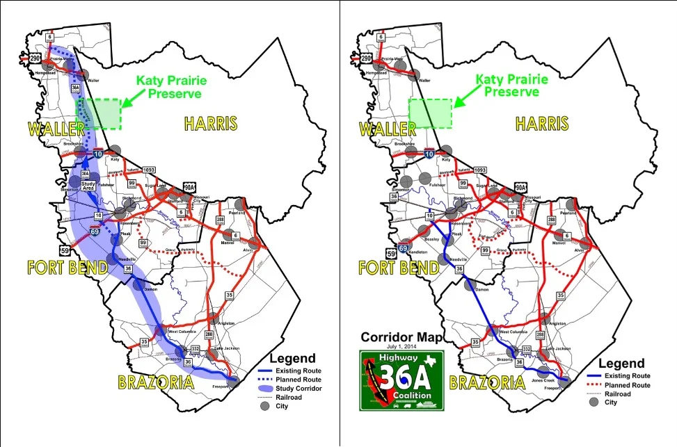 Above, Left: Hwy 36-A Coalition's route through the region as originally proposed. Above, Right: Hwy 36-A Coalition's current proposed route through the region. Source: Hwy 36-A Coalition. NOTE: Maps modified solely to reflect Katy Prairie Preserve System.