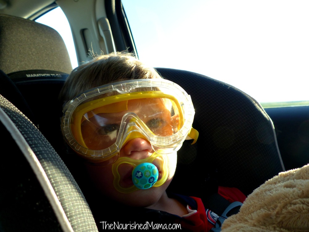 The yellow goggles were temporarily out of commission with broken elastic, so I ordered a clear pair. They both get used, sometimes simultaneously, with regularity.&nbsp; Here we are road tripping from Dallas to Denver. Carseat safety is very important in this family. You can never be too careful.