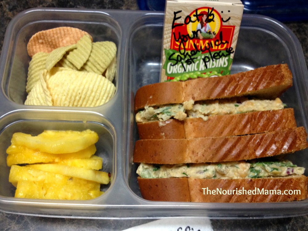 Jackson's lunch on his first day in the three's class at his two-day preschool. We have a peanut-free class this year, so I think we'll be doing a lot of Chickpea Salad Sandwiches.