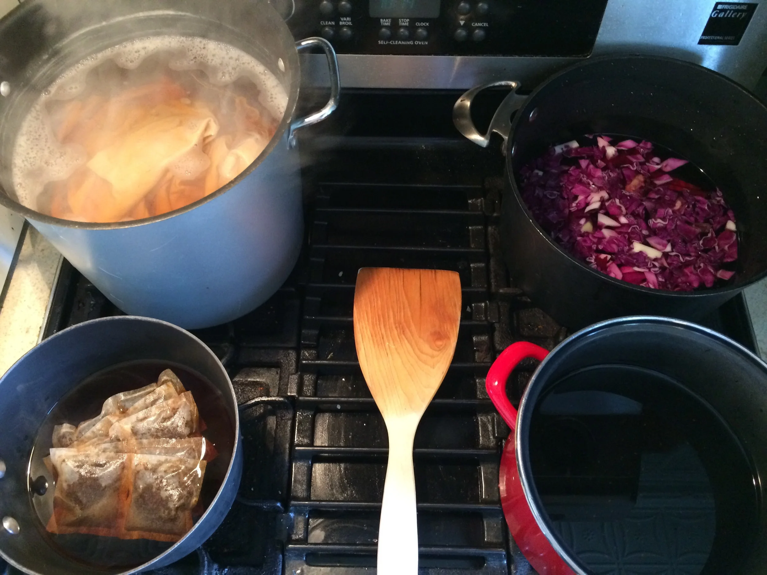 the canvas is about an hour and a half in on the scouring process here. simmered the black tea and the beets/cabbage for a couple hours, tambien. the black beans i decided to soak overnight (the next day i strained the water out for the dye and then rinsed and cooked the black beans for our eats.) the whole process seemed all science-y laboratory-ey and my husband was psyched, saying we should progress this to a walter-white level of kitchen production. what a funny bunny.