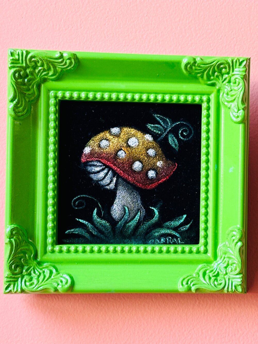 Original Mini Mushroom Painting on Black Canvas 