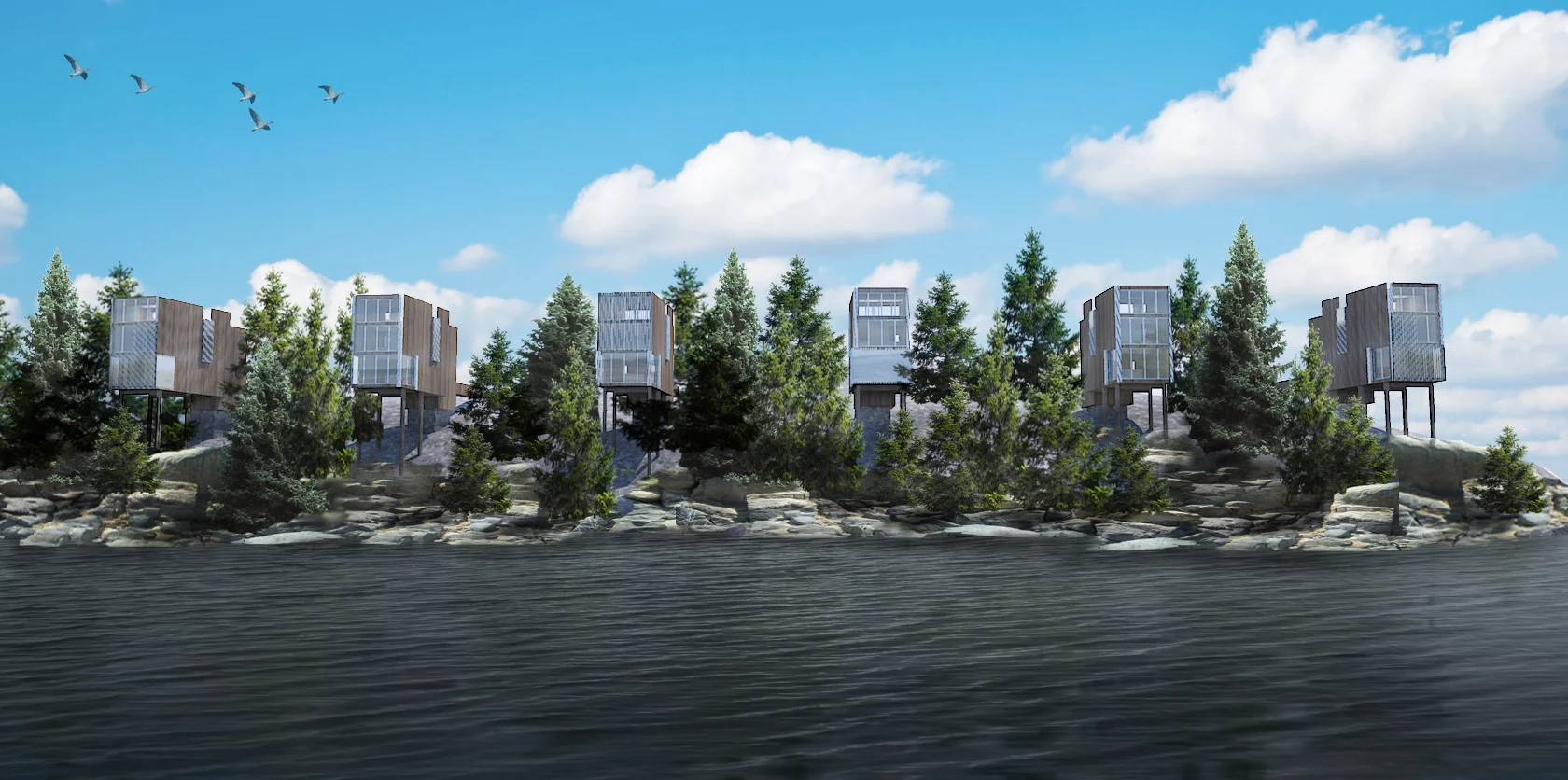 Rabbit Island Resort Proposed design for a fishing resort in Northwest Ontario, Canada. Composed of 6 private cabins nestled among the treetops for maximum privacy and focused views of the lake. The cabins sit on the east side of the island while the main lodge is centrally located on the north/south axis. The weathered cedar siding is used to complement and give a soft unobtrusive contrast to the granite landscape. 