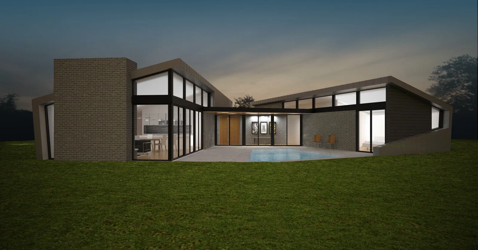 State Road Residence This residence located in Anderson Township, Ohio, was designed by Fold and Form as a re-interpreted version of a mid-century suburban ranch home for today’s world. The living and dining wing is separated from the sleeping wing by a long connecting hallway. This form creates a large outdoor courtyard area in the rear of the house. The courtyard faces a heavily wooded area, which forms the “fourth wall” of the outdoor “room.” Consisting of 1,700 s.f. of living space, the home appears much larger by having each wing of the house look onto the other across the rear patio. The exterior elevations consist of two opposing extruded C-shaped metal roof profiles that reinforce this idea of inward focus. Construction was by John McCart Builders.