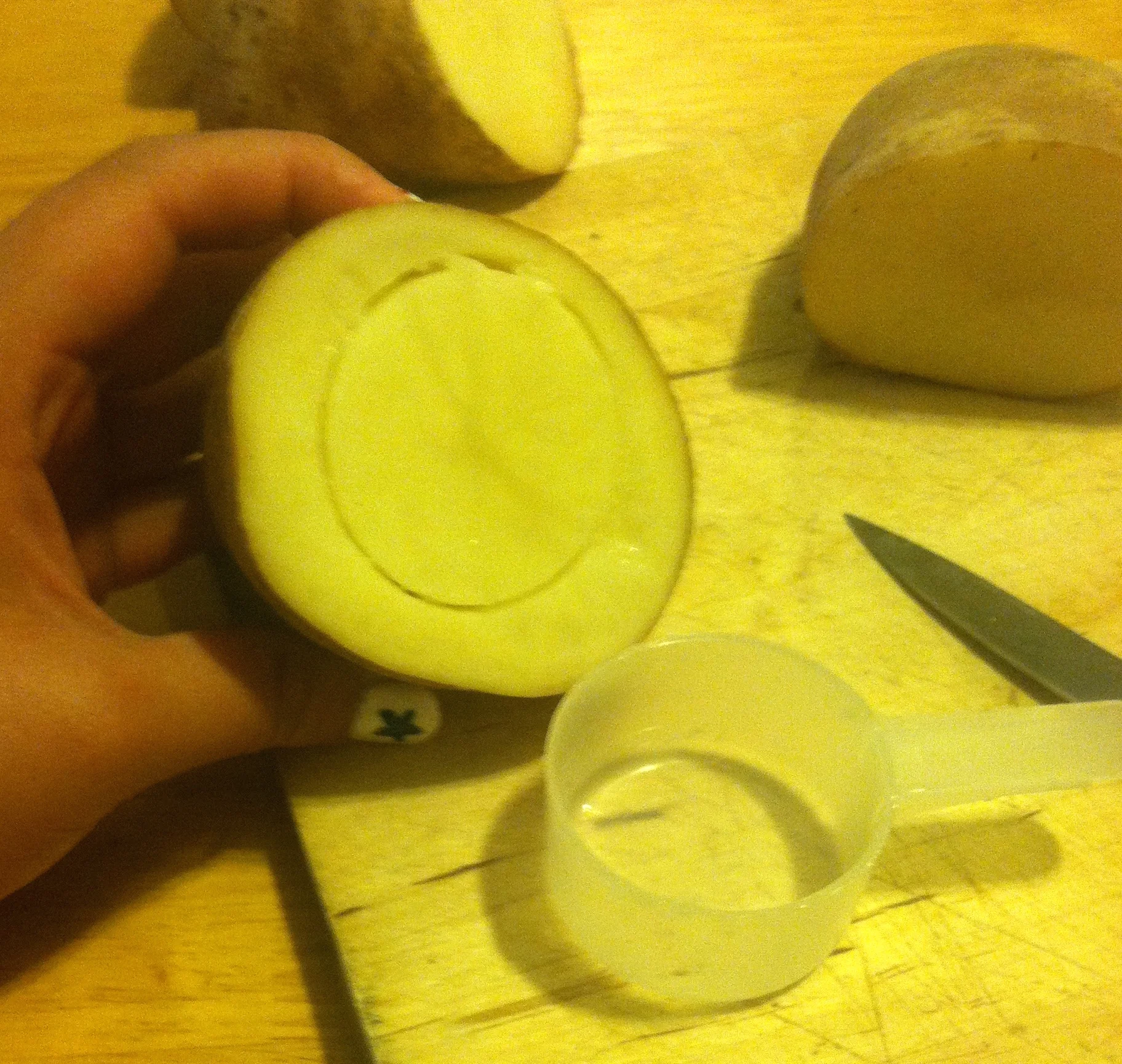 Cookie cutters are ideal for your base shape, but who has cookie cutters? I used the scoop that came with a container of Tang (Which was probably purchased for some form of jungle juice).