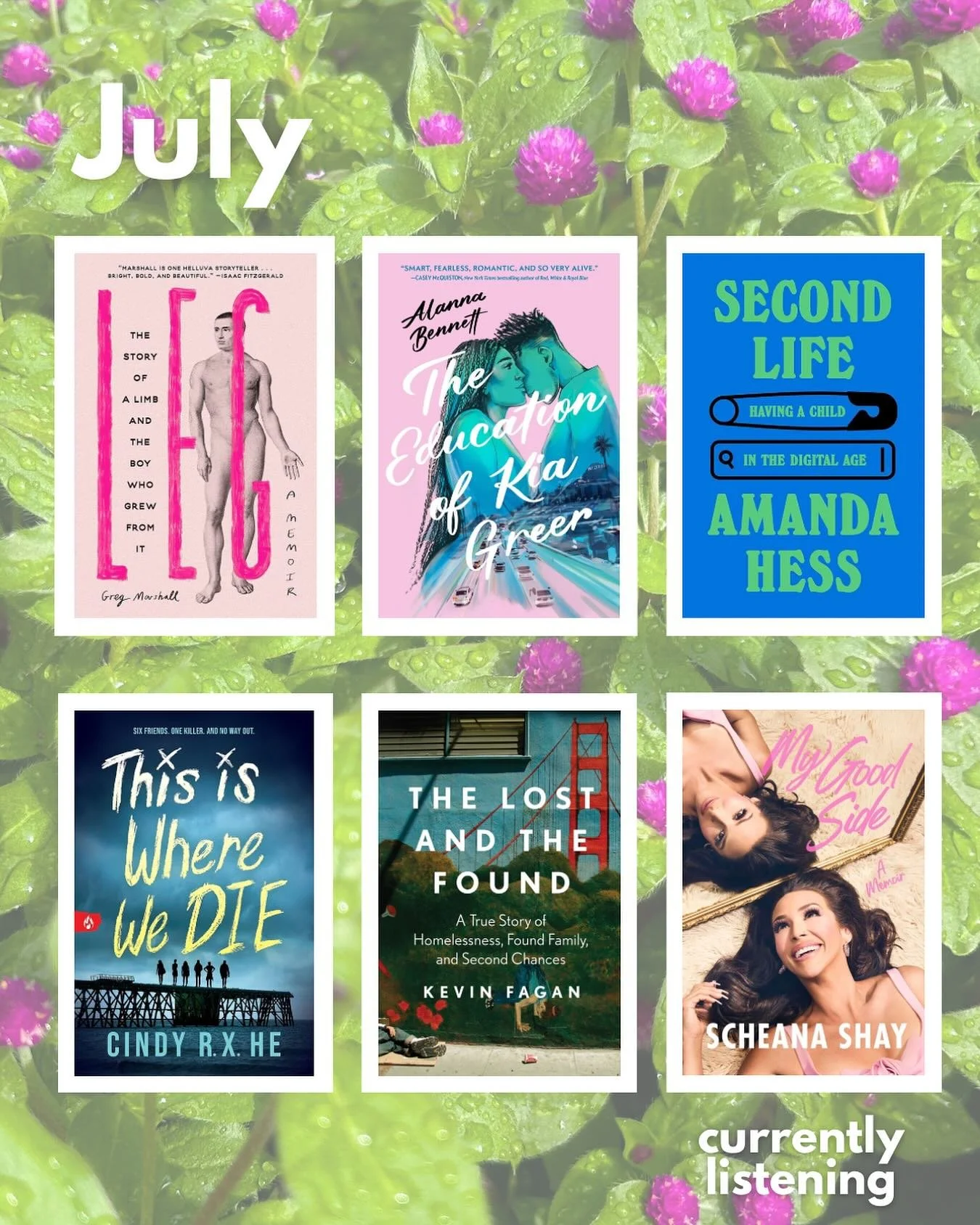 A grab bag of books to make me laugh and cry (Leg), marvel over pacing choices (both YA books!!! true treats!), and be glad someone else let their neuroses run wild so I didn’t have to (Second Life). 💖