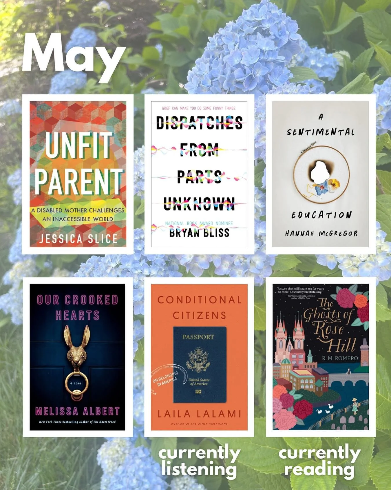 A very fun mix of books for May - I’ll be thinking about UNFIT PARENT and OUR CROOKED HEARTS for a long, long time. Both are beautiful, unflinchingly honest, and made me reconsider preconceived ideas about motherhood. I’m really looking f