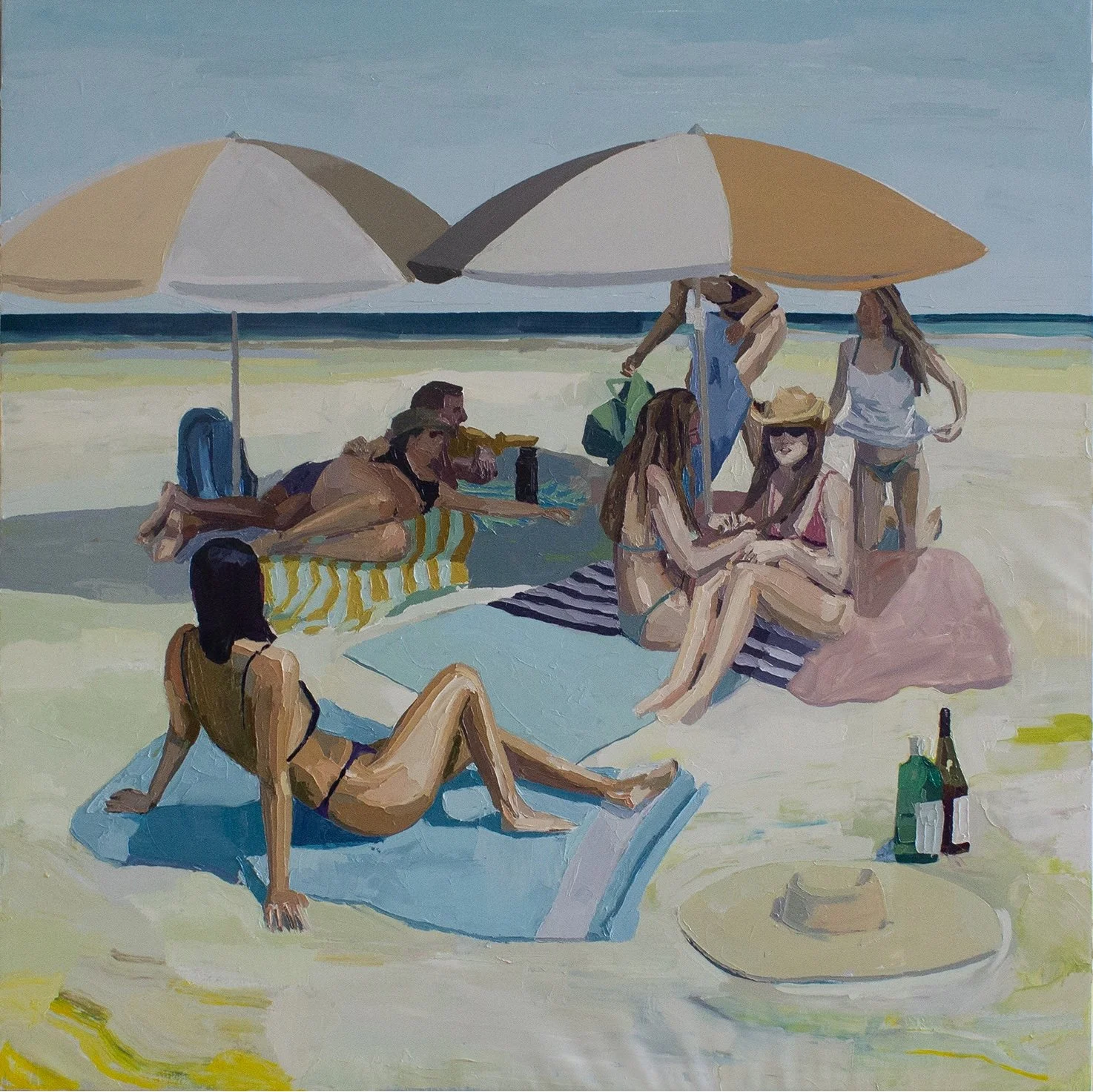 so many umbrellas littered the beach, and we had our own world too, oil on polyester, 180x180 