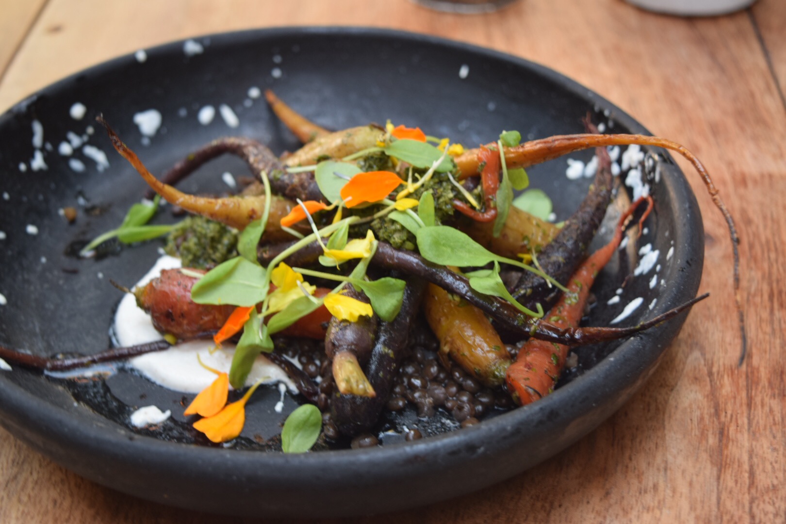 Rainbow Carrots. Black Lentils. Chimichurri. Macadamia Coriander Yogurt. 