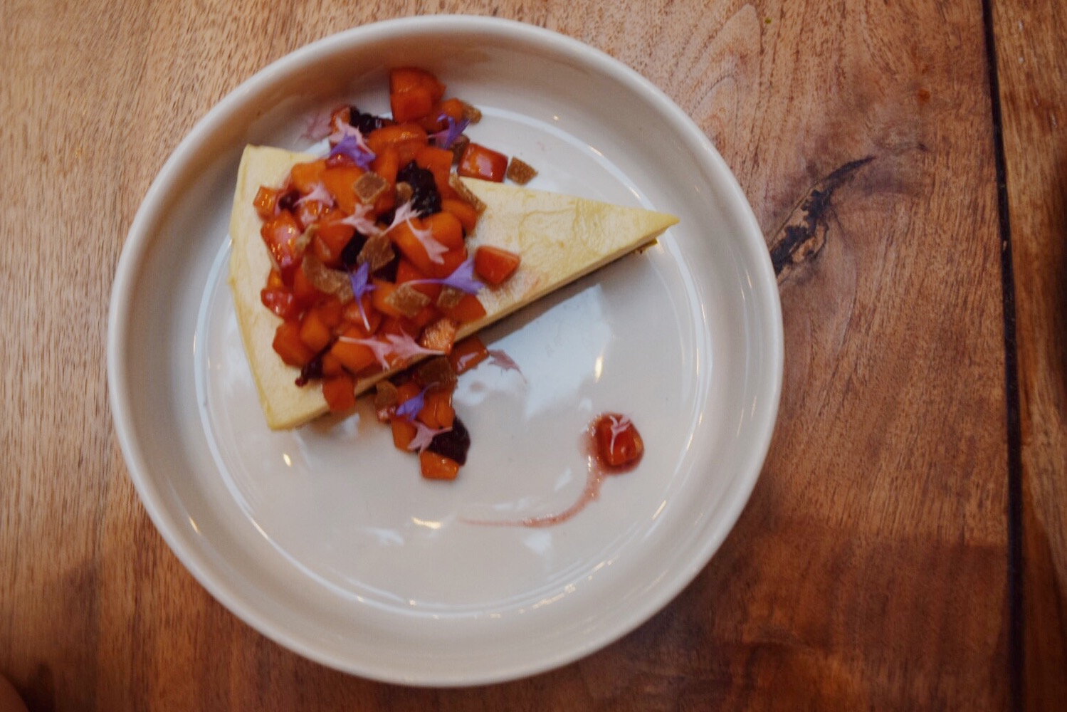 Passionfruit Cheesecake. Pistachio rust. Rhubarb Compote. Candied Ginger. 