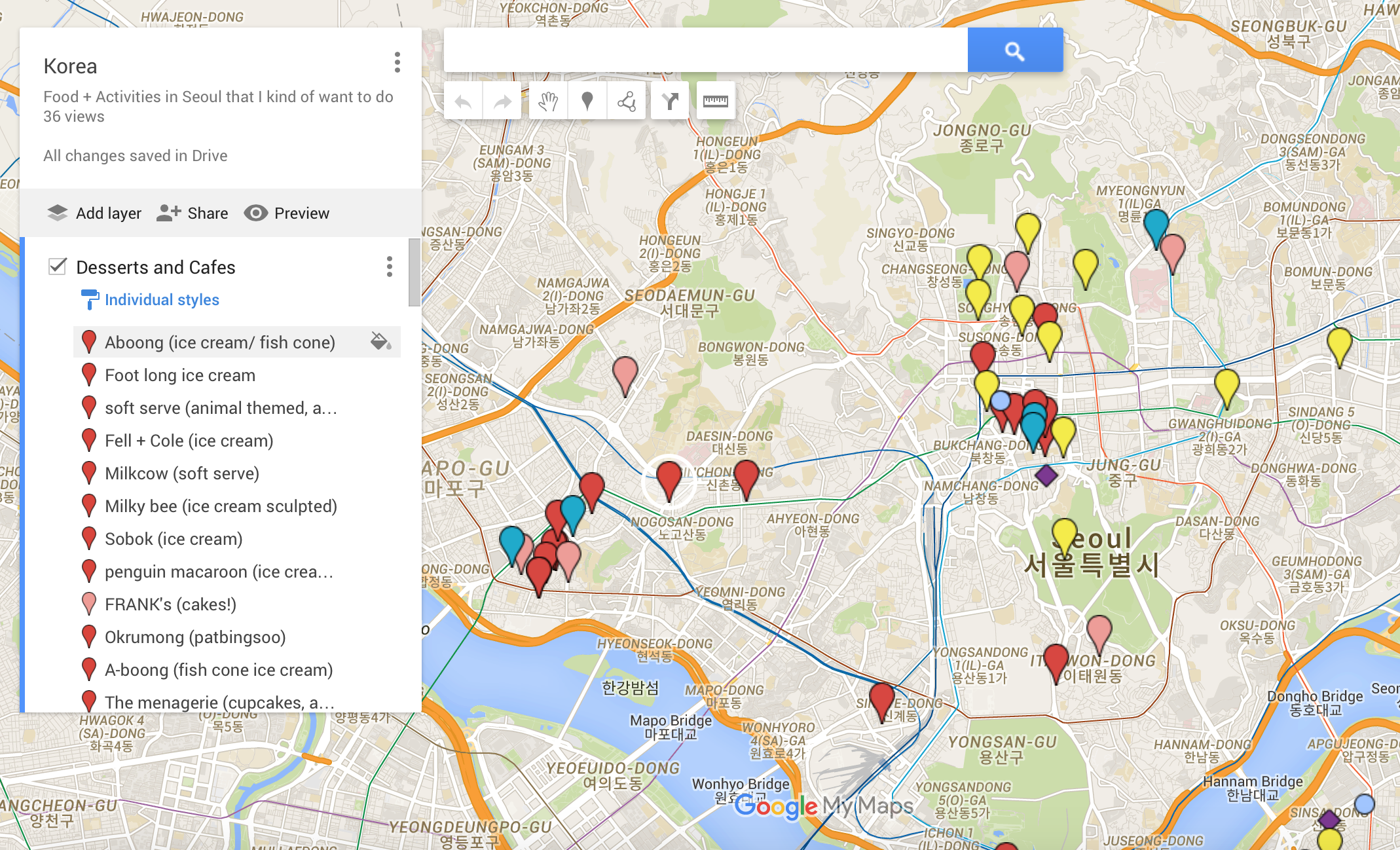 This is my map for Seoul. It's going to be a little tricky because directions don't work on google maps in Korea, but at least I have the address fore everything here, and a description for myself along with the name. Oh yeah, and the red is just de…