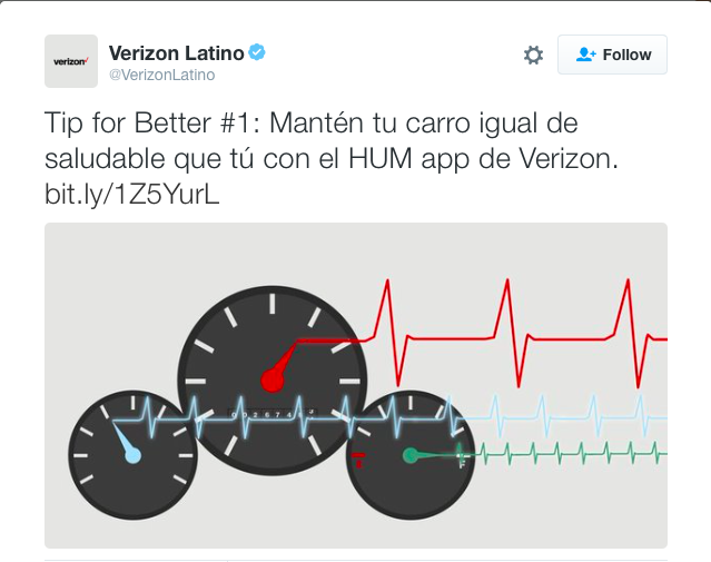 Copy Translation: Keep your car as healthy as you with the HUM app by Verizon. bit.ly/1Z5YurL