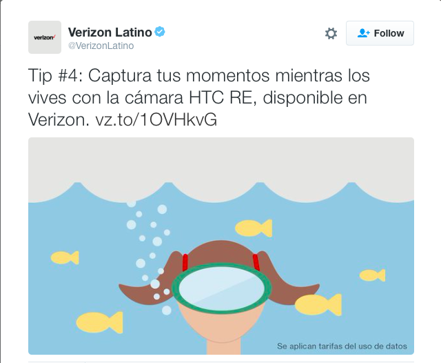 Copy Translation: Tip #4: Capture the moment while you live it with the HTC RE camera, available in Verizon. vz.to/1OVHkvG