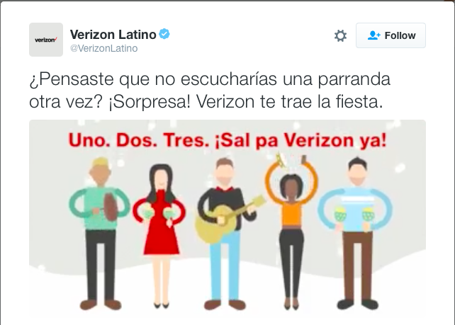 Copy Translation: Thought you would never hear a parranda again? Surprise! Verizon brings the party to you. IN IMG Copy Translation: One. Two. Three. Get to Verizon now!