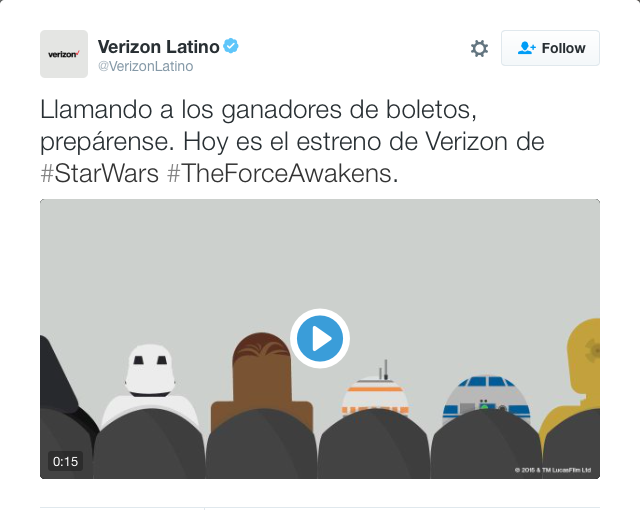 Copy Translation: Calling all ticket winners, get ready. Today is the Verizon #StarWars #TheForceAwakens premiere. 