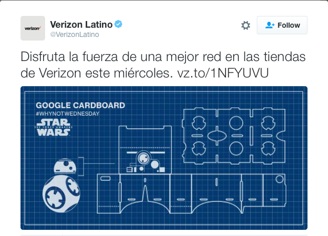 Copy Translation: Enjoy the force of a better network in Verizon stores this Wednesday. vz.to/1NFYUVU