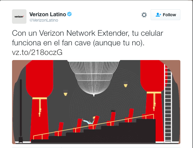 Copy Translation: With the Verizon Network Extender, your cellphone works in the fan cave (even if you don't) vz.to/218oczG