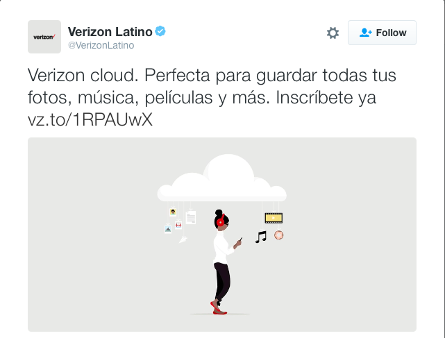 Copy Translation: Verizon cloud. Perfect for storing your photos, music, movies and more. Subscribe now vz.to/1RPAUwX