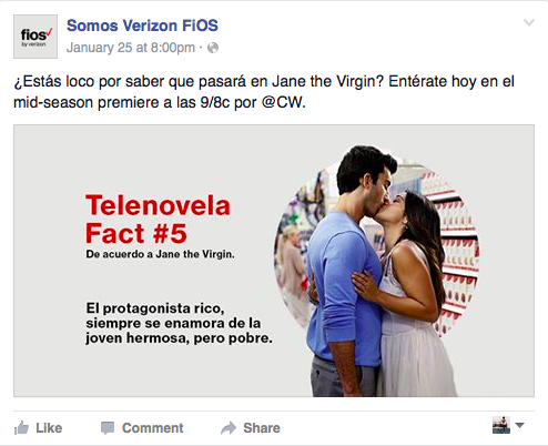Copy Translation: Are you dying to find out what will happen in Jane the Virgin? Find out tonight in the midseason premier at 9/8c on @CW. IN IMG Translation: The rich protagonist always falls in love with the beautiful but poor young woman. 