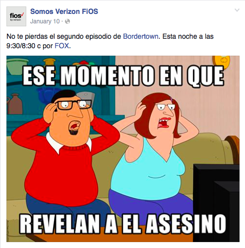 Copy Translation: Don't miss the second episode of Bordertown. Tonight at 9:30/8:30c on @FOX IN IMG Translation: That moment when the murderer is revealed.