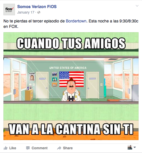 Copy Translation: Don't miss the third episode of Bordertown. Tonight at 9:30/8:30c on @FOX IN IMG Translation: When your friends go to the bar without you. 
