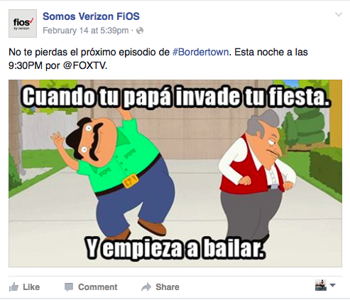 Copy Translation: Don't miss the next episode of Bordertown. Tonight at 9:30/8:30c on @FOXTV IN IMG Translation: When your dad crashes the party and shows his moves. 