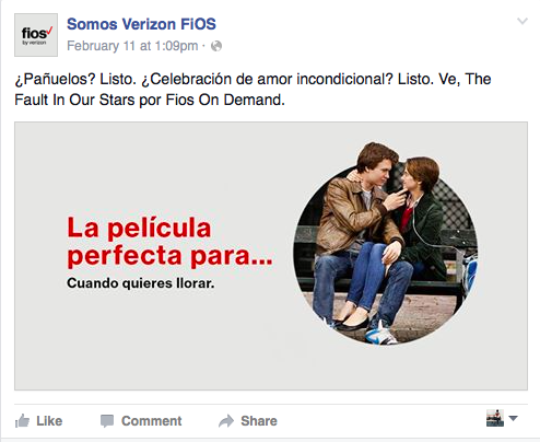 Copy Translation: Handkerchief? Check. Celebration of unconditional love? Check. Watch The Fault in Our Stars on Fios On Demand. IN IMG Translation: The perfect movie for... When you want to cry. 