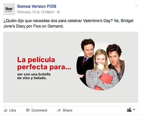 Copy Translation: Who said you need two to celebrate Valentines Day? Watch Bridget Jone's Diary on Fios On Demand. IN IMG Translation: The perfect movie for... Watching with a bottle of wine and ice cream. 