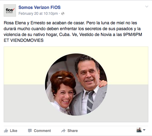Copy Translation: Rosa Elena and Ernesto just got married. But the honeymoon will be over when they must confront the secrets from their past and the violence of Cuba, their native home. Watch Vestido de Novia, tonight at 9PM/6PM ET. VIENDOMOVIES