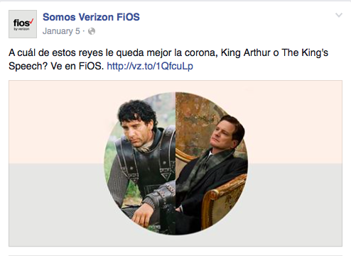 Copy Translation: Which of these kings wears the crown better, King Arthur or The King's Speech? Watch them on Fios. 