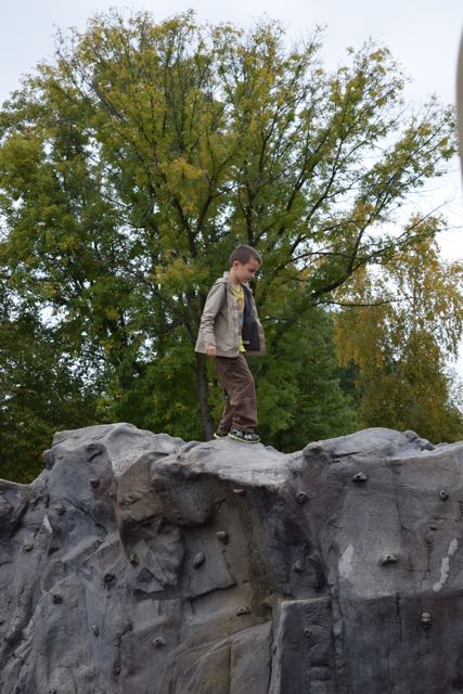 And now he's on the rock wall...