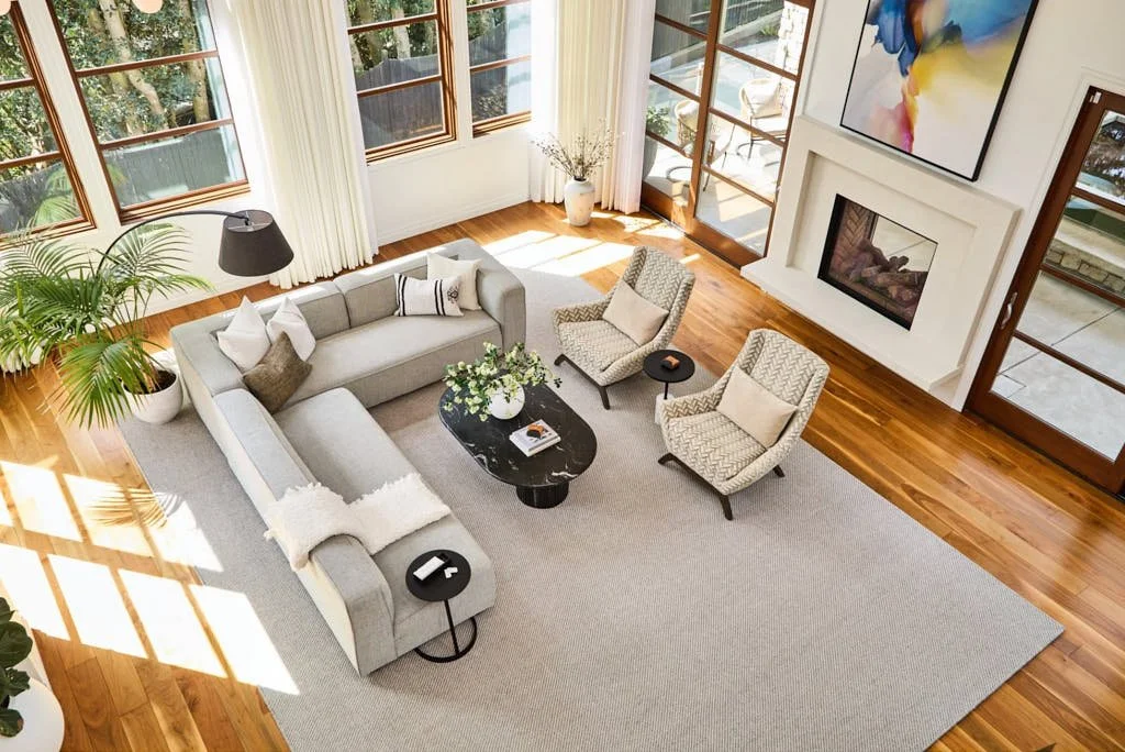 Overhead view of living room, bright natural light