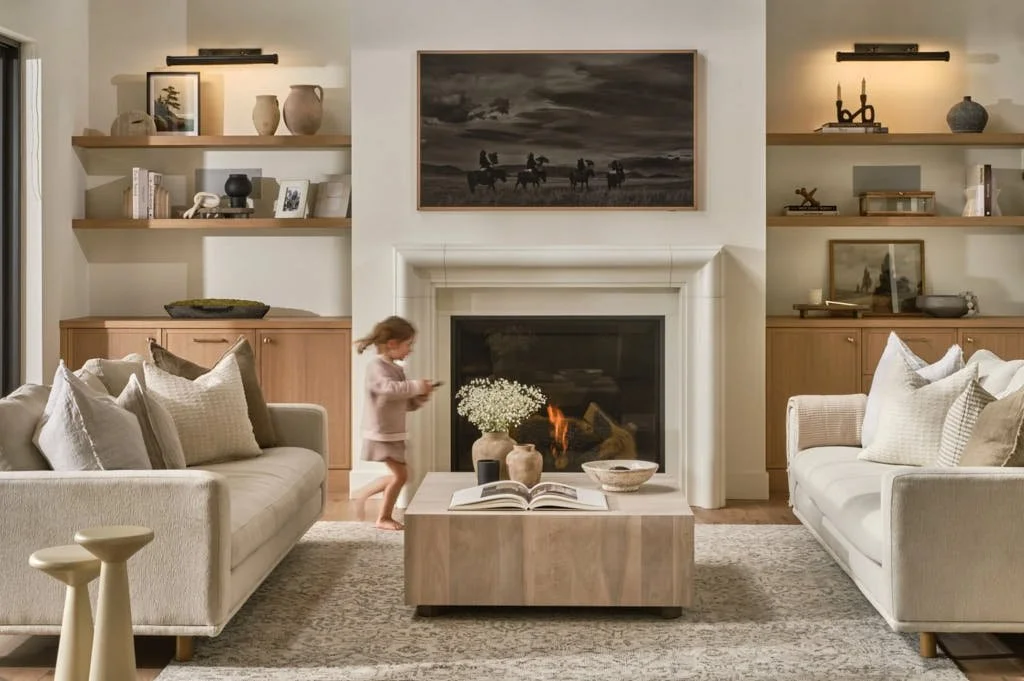Living room with little girl running