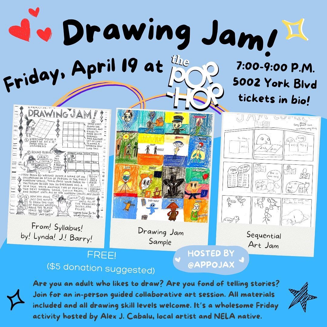 DRAWING JAM 4/19
RSVP LINK IN BIO

Are you an adult who likes to draw? Are you fond of telling stories? Join us for an in-person guided collaborative art session! All materials included, and all drawing skill levels welcome. 

It&rsquo;s a wholesome 