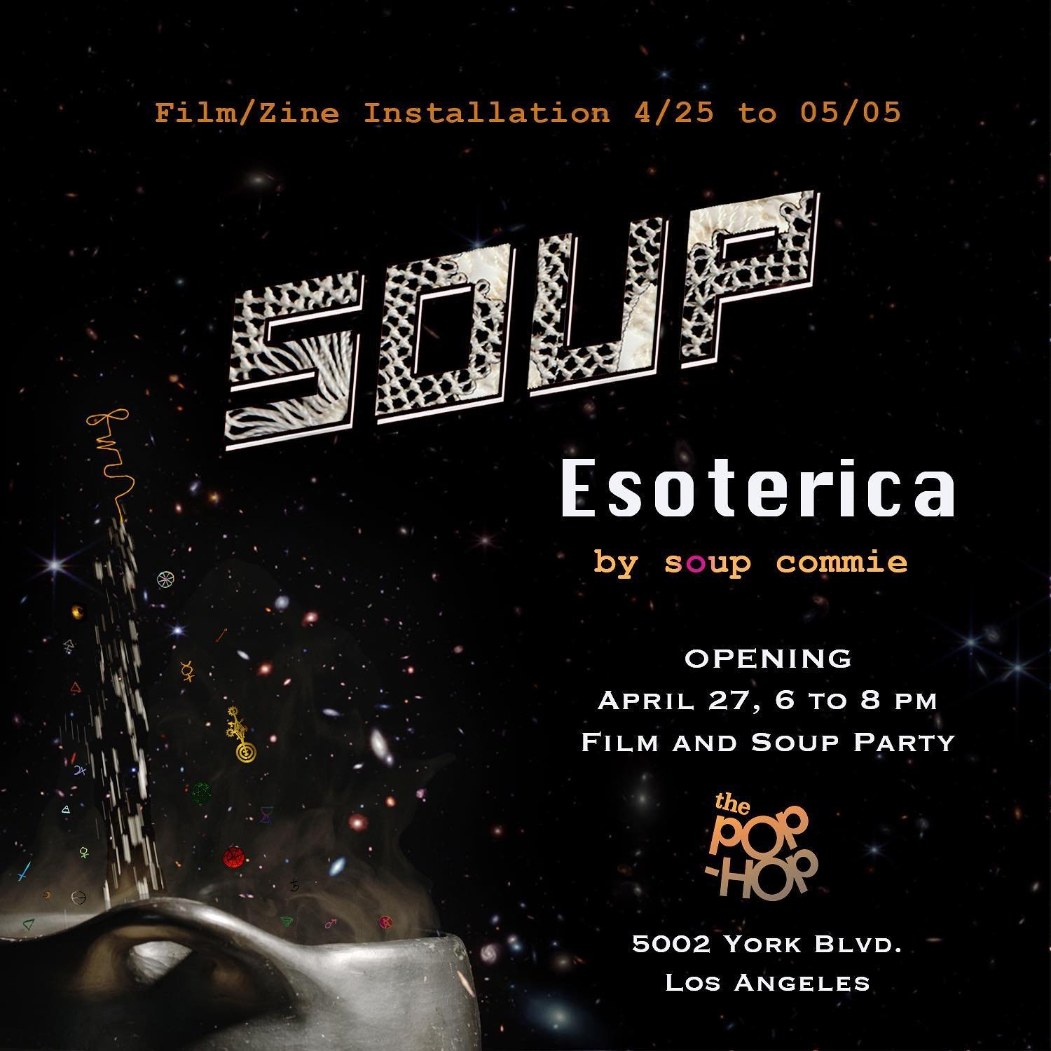 Soup Esoterica with Uma Sanasaryan @soupcommie 
April 25 - May 5

🥣
Seven ancestral soups from soup commie&rsquo;s Soviet childhood come alive in film, sculpture, zine installation and actual soup. Memories, fantasies, esoteric symbolism, rituals an