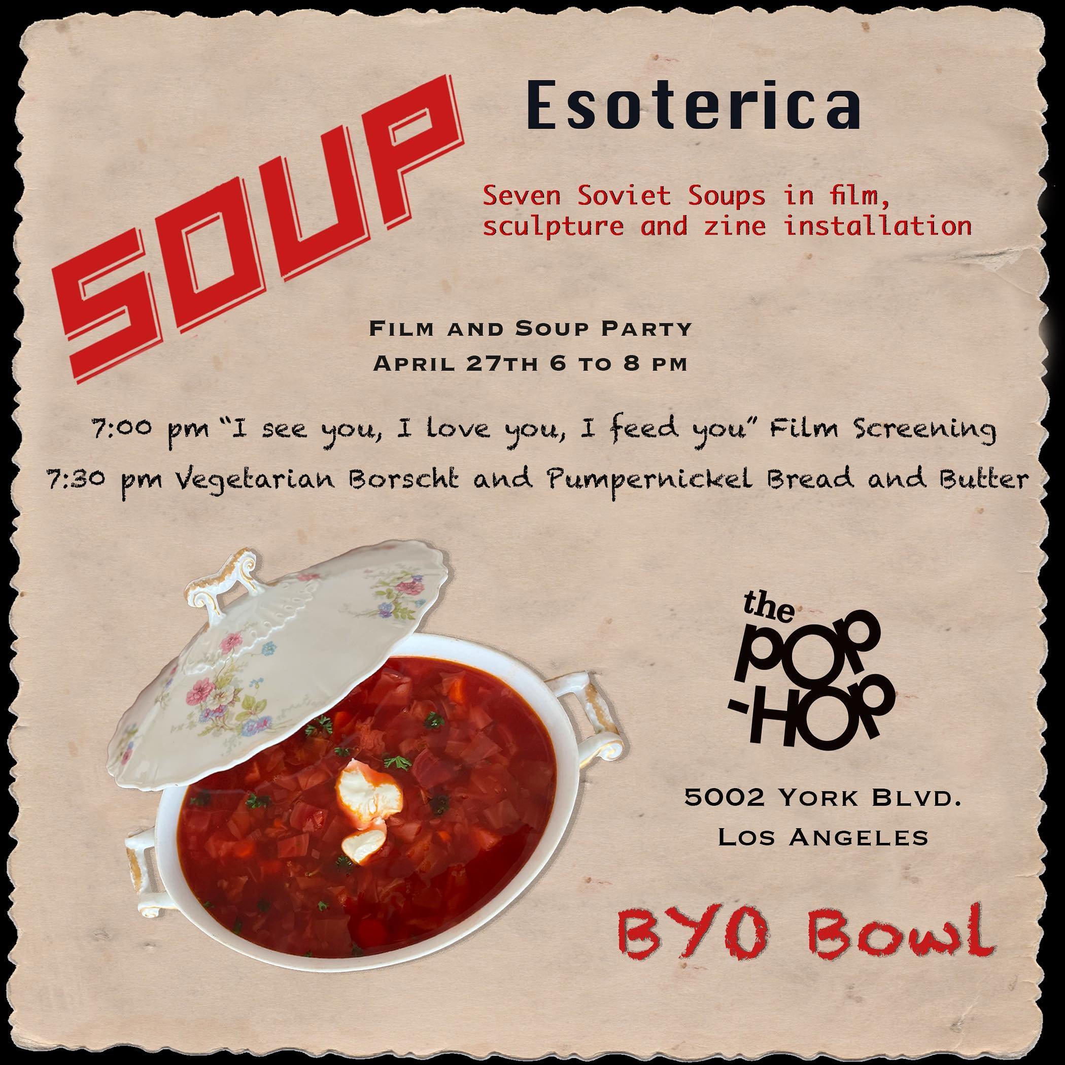 Seven Soviet Soups and their esoteric correspondences in film, sculpture and zine installation 

Saturday, April 27
6-8pm

Soup and bread will be served. BYOB (bowl!) 
🥣
@soupcommie #soup #bread #art #soviet #esoterica #tarot #bowl #saturday #storyt